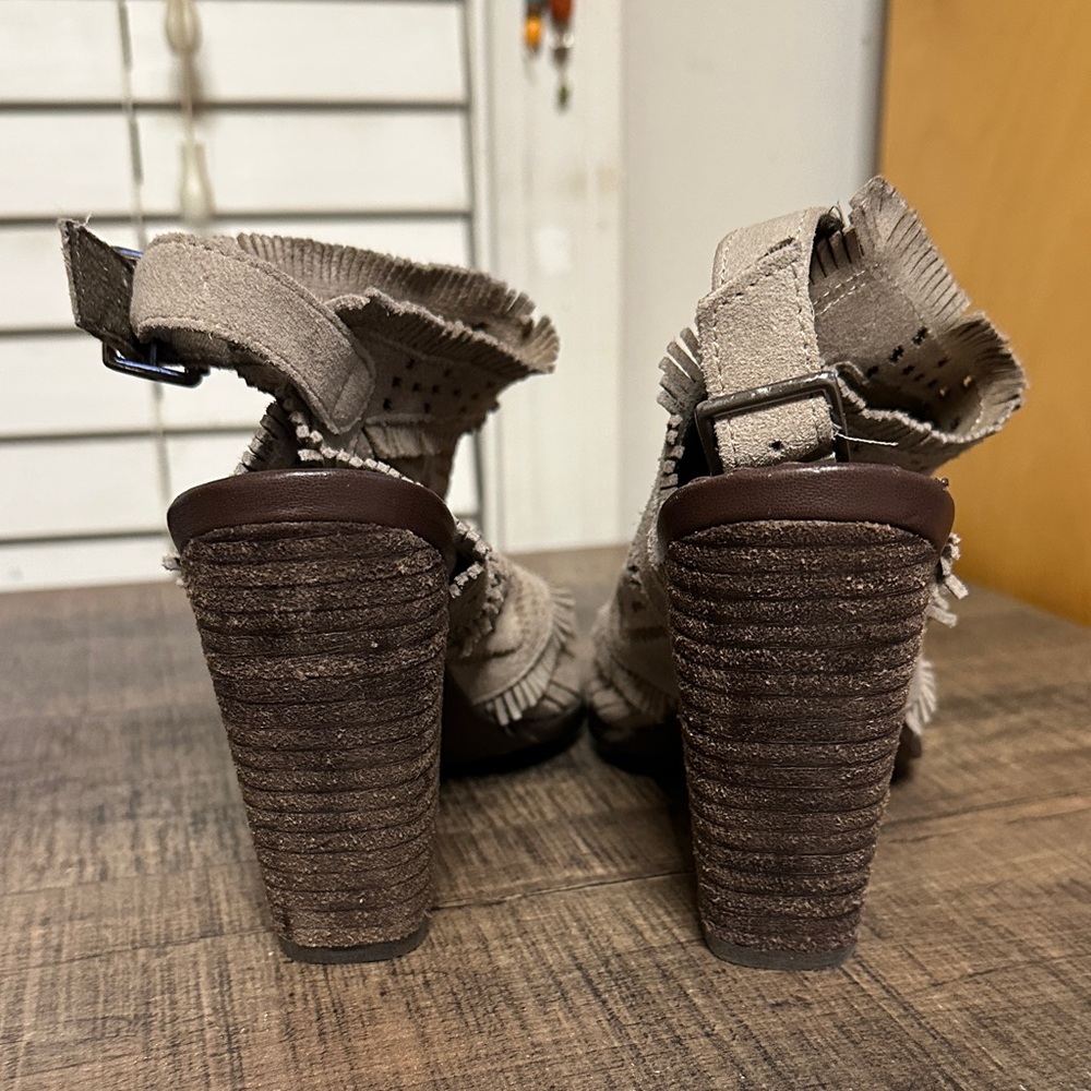 Naughty Monkey Taupe Fringed Open-Toe Heels - Picture 5 of 7